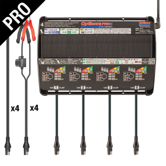 OptiMate PRO-4 DUO- 12V 5A automatic diagnostic battery charger for 4 x 12V Pb lead-acid (STD, AGM, GEL) and/or 12.8V LFP lithium - TecMate USA