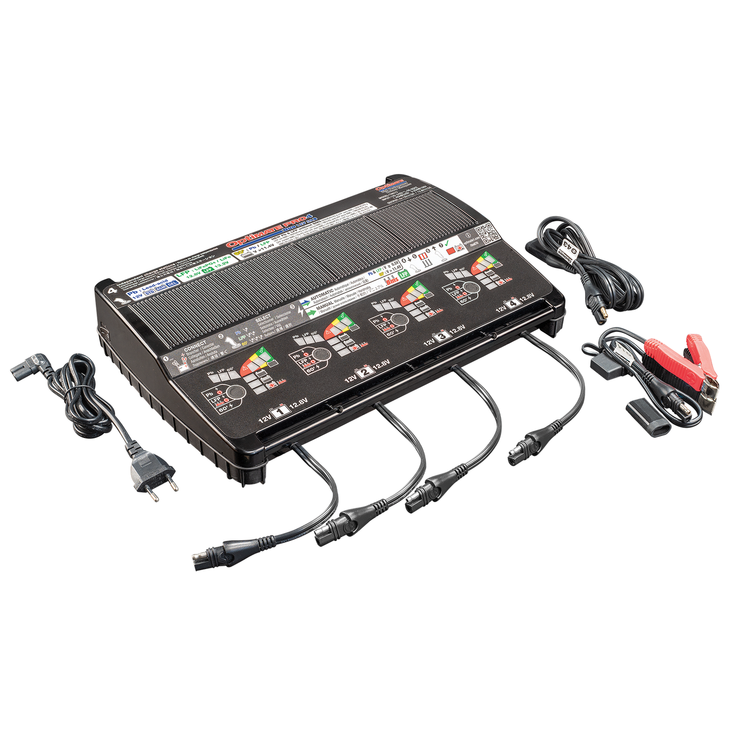 OptiMate PRO-4 DUO- 12V 5A automatic diagnostic battery charger for 4 x 12V Pb lead-acid (STD, AGM, GEL) and/or 12.8V LFP lithium - TecMate USA - View 2