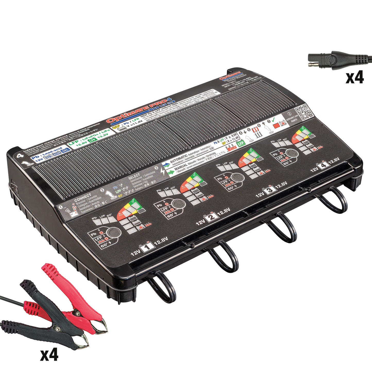 OptiMate PRO-4 DUO- 12V 5A automatic diagnostic battery charger for 4 x 12V Pb lead-acid (STD, AGM, GEL) and/or 12.8V LFP lithium - TecMate USA - View 2 - View 3 - View 4