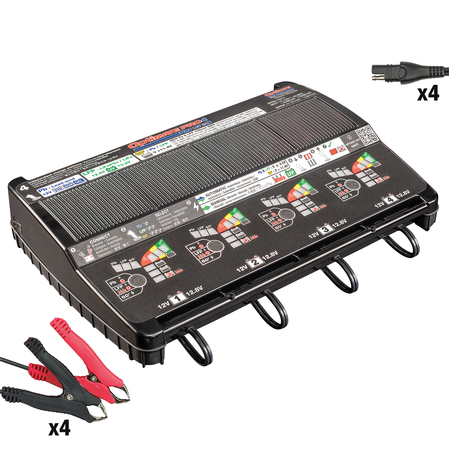 OptiMate PRO-4 DUO- 12V 5A automatic diagnostic battery charger for 4 x 12V Pb lead-acid (STD, AGM, GEL) and/or 12.8V LFP lithium - TecMate USA - View 2 - View 3 - View 4