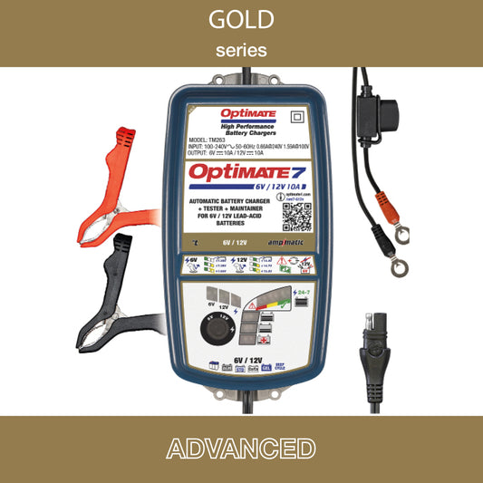 OptiMate7 Gold deep Cycle Series: 10A 6V / 12V Automatic Battery Saving Charger, Tester & 24-7 Maintainer with Ampmatic & Temp Regulated smart Control & Lead-Acid FLA, AGM, Ca-Ca Battery Modes