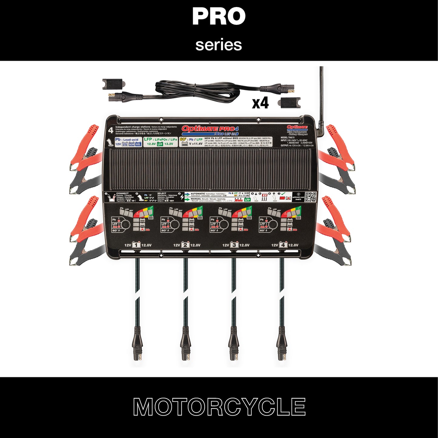 OptiMate PRO-4 DUO- 12V 5A automatic diagnostic battery charger for 4 x 12V Pb lead-acid (STD, AGM, GEL) and/or 12.8V LFP lithium