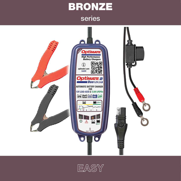 OptiMate 2 DUO : BRONZE series 12V 2A lead-acid & lithium battery charger & maintainer